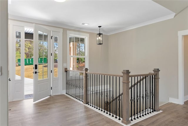 doorway with visible vents, ornamental molding, baseboards, and wood finished floors
