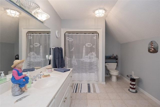 417 Mcgill Cir, Iva, SC 29655 - full bath featuring vaulted ceiling, vanity, tile patterned flooring, and a shower with shower curtain