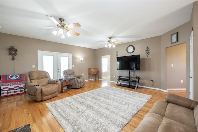 417 Mcgill Cir, Iva, SC 29655 - living room with light wood-style floors, ceiling fan, and french doors