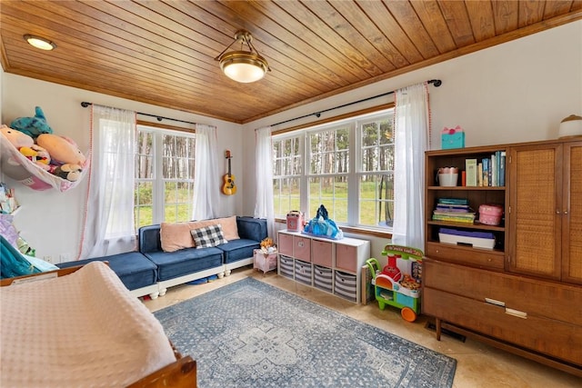 living room with crown molding, tile patterned floors, and wooden ceiling