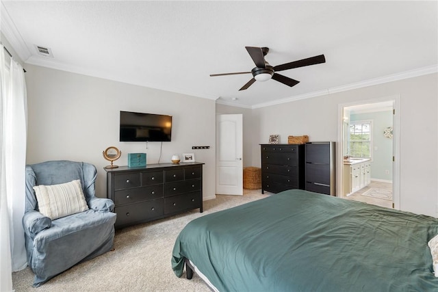 bedroom featuring visible vents, ceiling fan, crown molding, connected bathroom, and light colored carpet