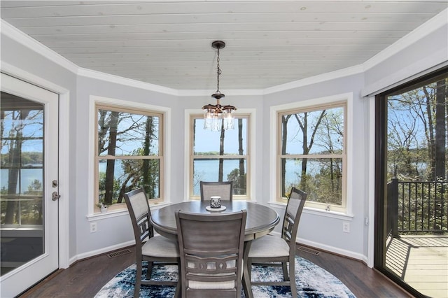 19 Spy Glass Ln, Salem, SC 29676 - dining space with a healthy amount of sunlight, a water view, wood ceiling, and a notable chandelier