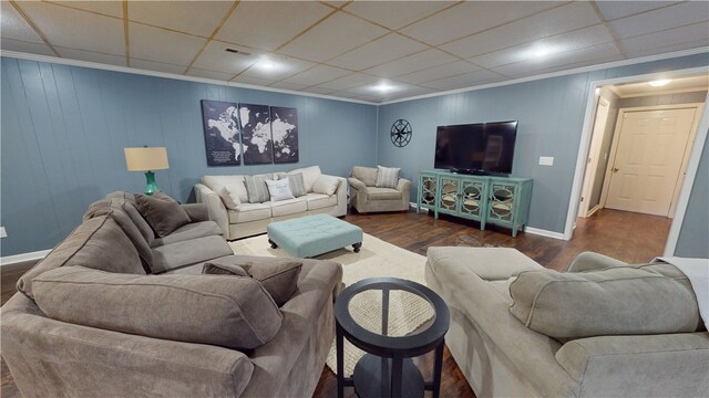 15009 Beacon Ridge Dr, Seneca, SC 29678 - living room featuring dark wood finished floors, baseboards, and crown molding
