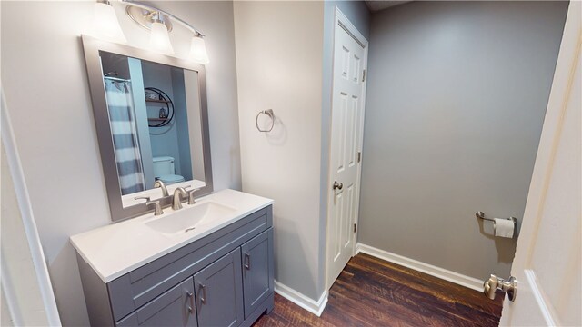 15009 Beacon Ridge Dr, Seneca, SC 29678 - bathroom with wood finished floors, toilet, vanity, baseboards, and a shower with curtain