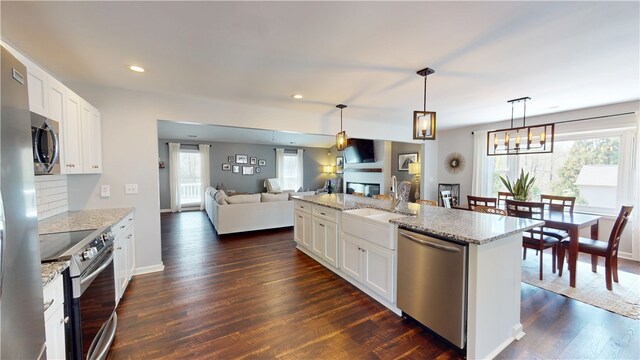 15009 Beacon Ridge Dr, Seneca, SC 29678 - kitchen featuring appliances with stainless steel finishes, plenty of natural light, dark wood-type flooring, open floor plan, and recessed lighting
