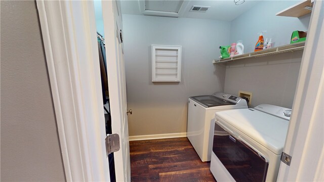 15009 Beacon Ridge Dr, Seneca, SC 29678 - washroom featuring washing machine and dryer, dark wood-style floors, and baseboards