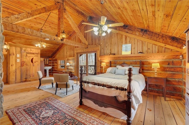 124-130 S Port Bass Dr, Fair Play, SC 29643 - bedroom featuring wooden walls, wood ceiling, and hardwood / wood-style floors
