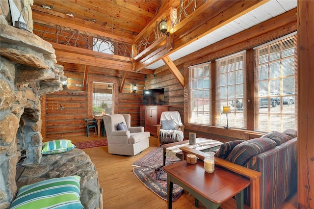 124-130 S Port Bass Dr, Fair Play, SC 29643 - living area featuring wood ceiling, wood finished floors, and rustic walls