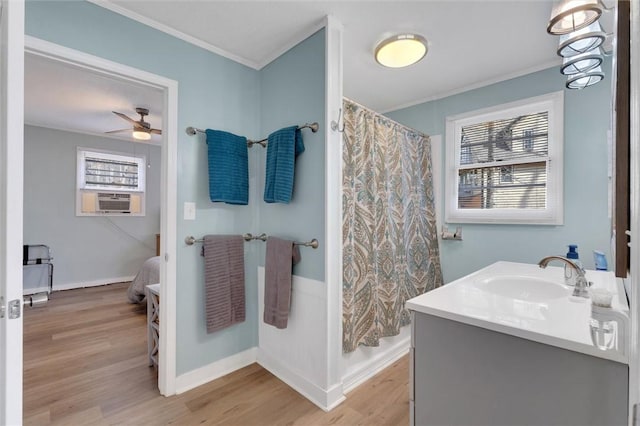 124-130 S Port Bass Dr, Fair Play, SC 29643 - bathroom with crown molding, a shower with shower curtain, cooling unit, and wood finished floors