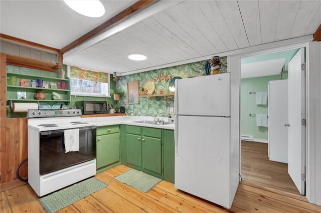 124-130 S Port Bass Dr, Fair Play, SC 29643 - kitchen featuring a sink, light wood-style floors, white appliances, and green cabinetry