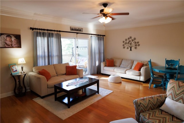 1226 Bowersville Hwy, Hartwell, GA 30643 - living room featuring ceiling fan, baseboards, ornamental molding, and wood finished floors