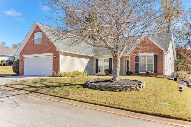 view of front of home with concrete driveway, a front lawn, and brick siding