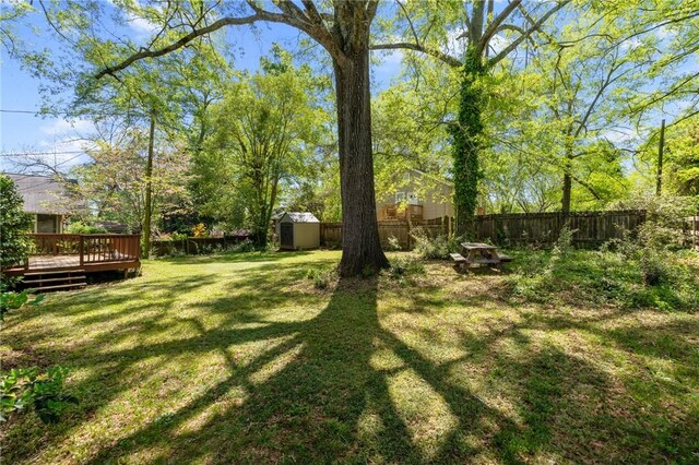 415 Watson Ave, Anderson, SC 29625 - view of yard with a storage shed, a fenced backyard, an outdoor structure, and a wooden deck