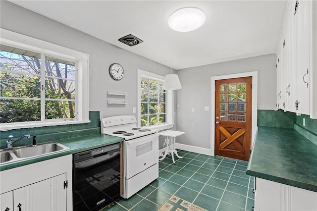 kitchen featuring white electric range oven, white cabinets, visible vents, black dishwasher, and a sink