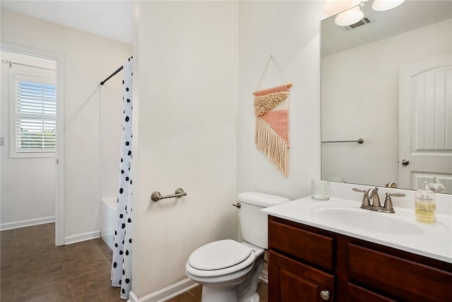 bathroom with visible vents, a shower with shower curtain, toilet, vanity, and tile patterned floors