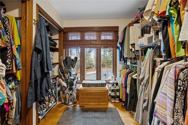 walk in closet with wood finished floors