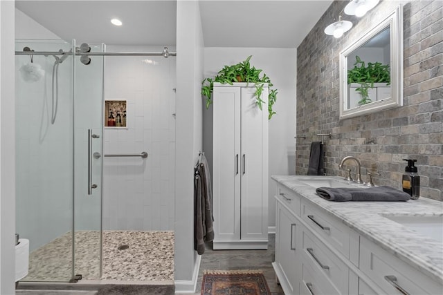 3 Windward Ct, Salem, SC 29676 - bathroom featuring a stall shower, double vanity, wood finished floors, and recessed lighting
