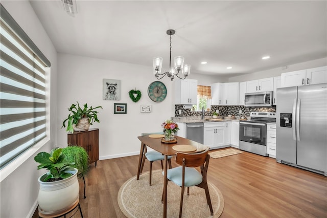 kitchen with light wood-style flooring, white cabinets, appliances with stainless steel finishes, a sink, and decorative backsplash