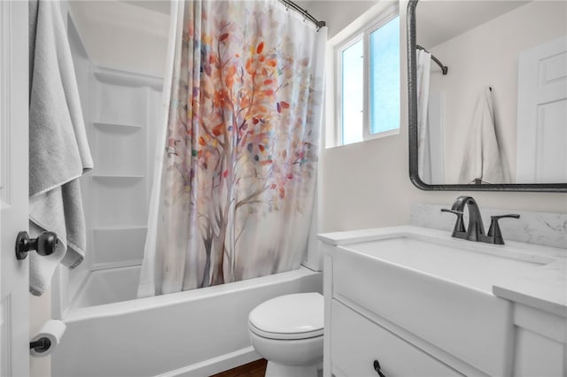 full bath with toilet, shower / bathtub combination with curtain, and vanity