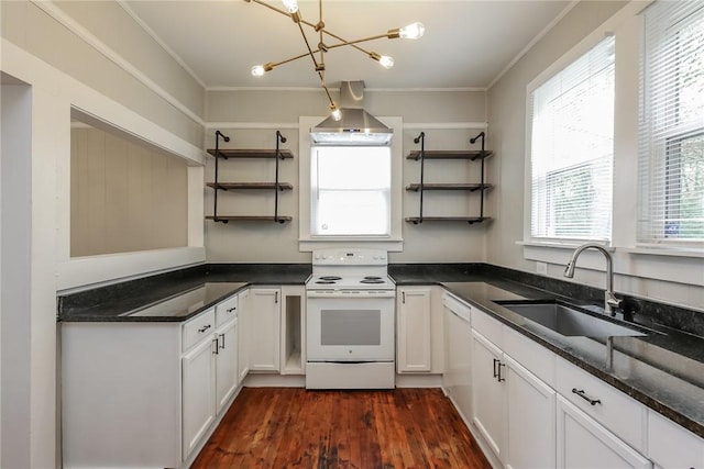 kitchen featuring white appliances, open shelves, white cabinets, dark wood finished floors, and a sink