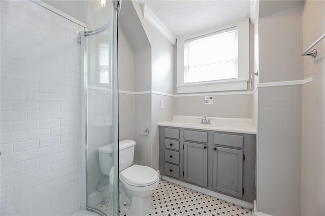 bathroom featuring toilet, a stall shower, and vanity