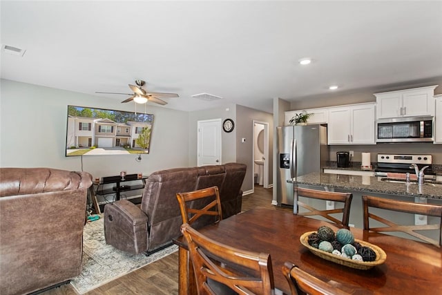 407 Oakmont Valley Trl, Seneca, SC 29678 - dining room with recessed lighting, visible vents, dark wood-style flooring, and ceiling fan