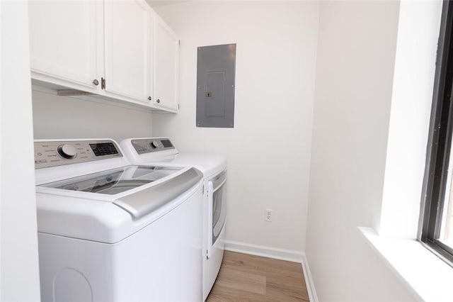 204 Harbor Cove Dr, Salem, SC 29676 - washroom with light wood-style flooring, electric panel, baseboards, cabinet space, and washer and clothes dryer