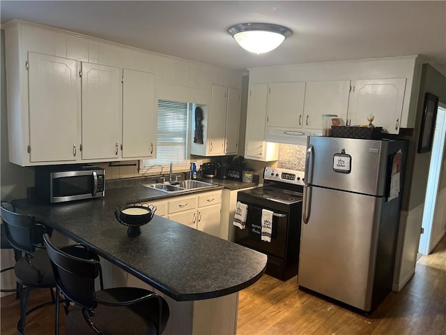 kitchen with a peninsula, appliances with stainless steel finishes, a sink, and dark countertops