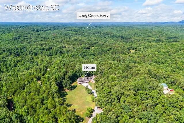 birds eye view of property featuring a forest view