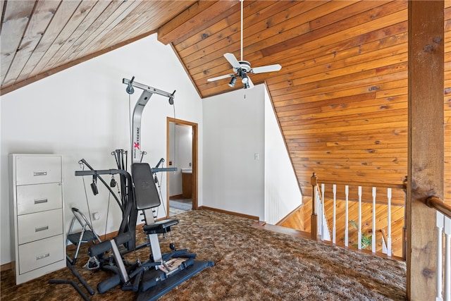exercise room featuring ceiling fan, carpet flooring, vaulted ceiling, and wood ceiling