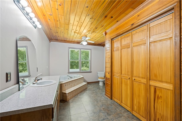 bathroom featuring a garden tub, vanity, a ceiling fan, toilet, and wooden ceiling