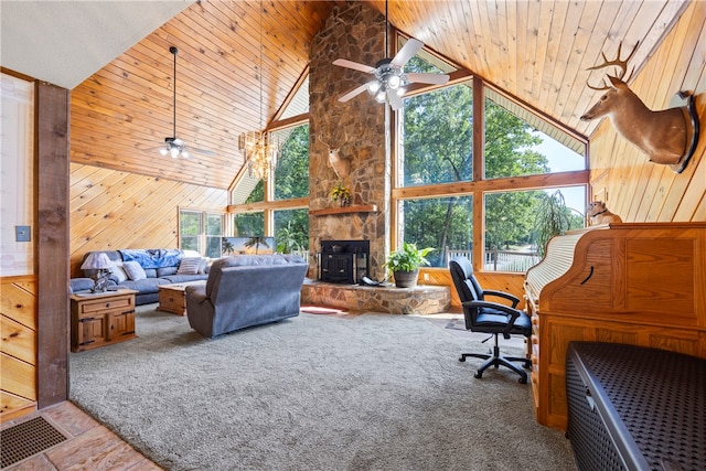 living room featuring wooden walls, visible vents, ceiling fan, high vaulted ceiling, and wooden ceiling