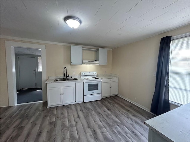 kitchen with white cabinets, under cabinet range hood, light wood-style floors, electric stove, and a sink
