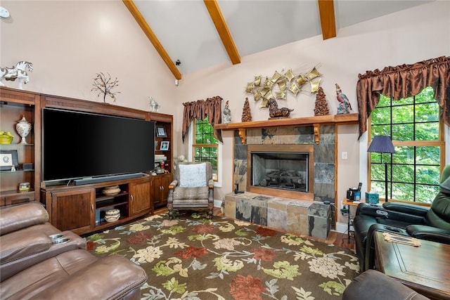 14029 Azalea Dr, Seneca, SC 29678 - living room with high vaulted ceiling, beamed ceiling, and a tiled fireplace