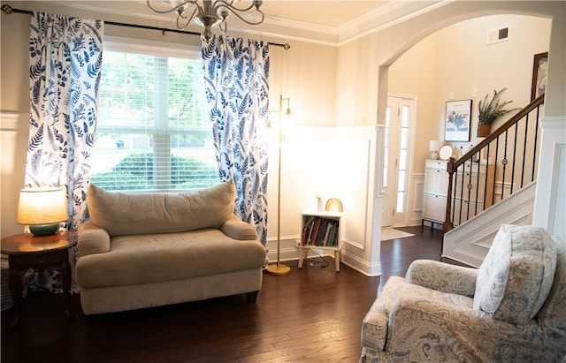 24 Dunsborough Dr, Simpsonville, SC 29680 - sitting room featuring arched walkways, visible vents, a chandelier, wood finished floors, and ornamental molding