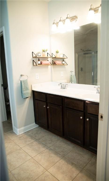 24 Dunsborough Dr, Simpsonville, SC 29680 - bathroom with a shower stall, vanity, tile patterned flooring, and baseboards