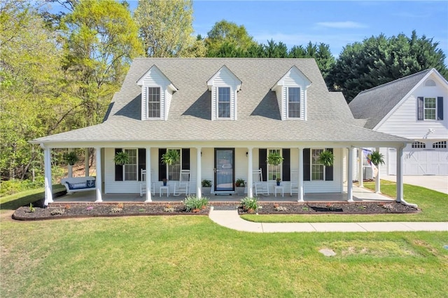 view of front of home with a garage, roof with shingles, a porch, and a front lawn