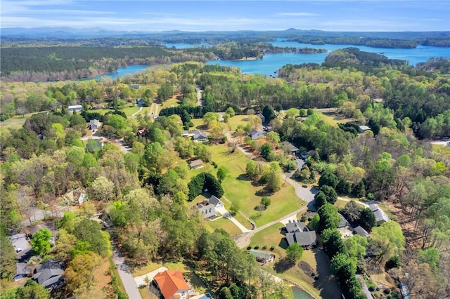 bird's eye view with a wooded view and a water view