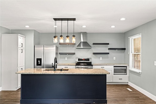 kitchen with wall chimney exhaust hood, a sink, dark wood-style flooring, open shelves, and appliances with stainless steel finishes