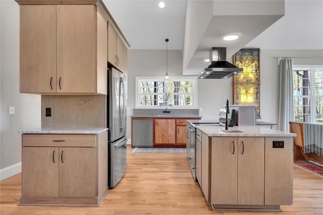 101 Cabernet Way, Travelers Rest, SC 29690 - kitchen with ventilation hood, light brown cabinets, stainless steel appliances, and light wood-type flooring