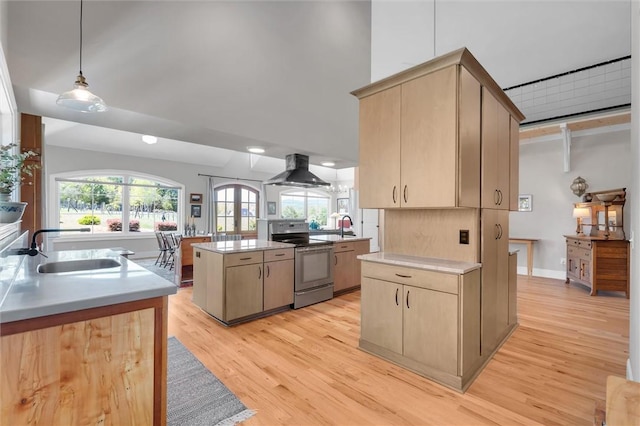 101 Cabernet Way, Travelers Rest, SC 29690 - kitchen featuring a sink, light brown cabinets, stainless steel electric range, a peninsula, and range hood