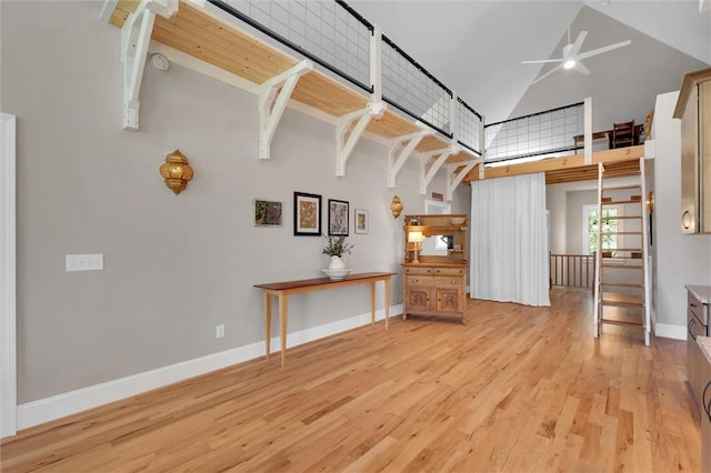 101 Cabernet Way, Travelers Rest, SC 29690 - interior space featuring ceiling fan, light wood-type flooring, high vaulted ceiling, and baseboards