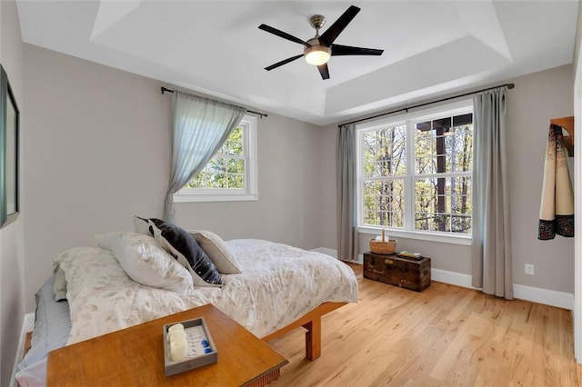 101 Cabernet Way, Travelers Rest, SC 29690 - bedroom with light wood finished floors, a ceiling fan, a raised ceiling, and baseboards