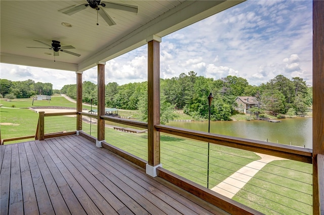 217 Jackson Rd, Iva, SC 29655 - wooden terrace with a lawn, a water view, and a ceiling fan