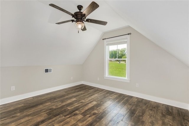 217 Jackson Rd, Iva, SC 29655 - bonus room with vaulted ceiling, visible vents, dark wood-style flooring, baseboards, and ceiling fan