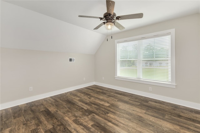217 Jackson Rd, Iva, SC 29655 - additional living space featuring dark wood finished floors, vaulted ceiling, visible vents, a ceiling fan, and baseboards