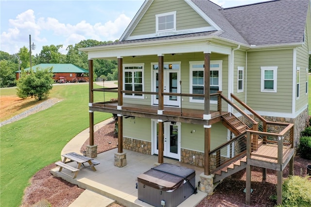217 Jackson Rd, Iva, SC 29655 - rear view of house with french doors, roof with shingles, a lawn, a hot tub, and a patio