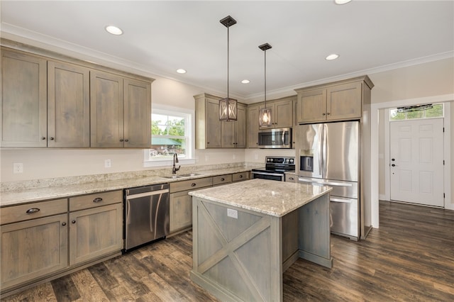 217 Jackson Rd, Iva, SC 29655 - kitchen with crown molding, stainless steel appliances, dark wood-style floors, and a sink