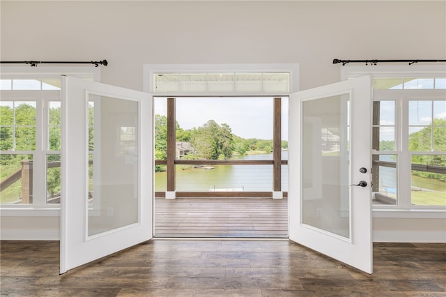 217 Jackson Rd, Iva, SC 29655 - doorway to outside featuring a water view, wood finished floors, a wealth of natural light, and french doors