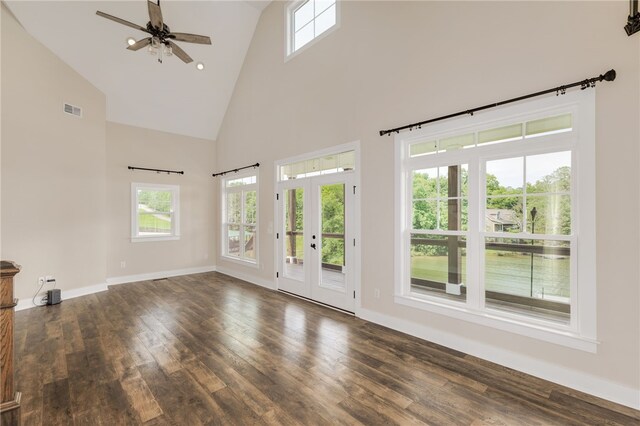 217 Jackson Rd, Iva, SC 29655 - unfurnished living room featuring high vaulted ceiling, ceiling fan, visible vents, baseboards, and dark wood-style floors